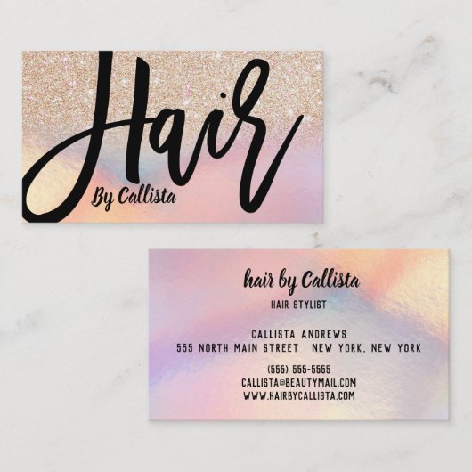 Gold Glitzer Iridescent Holographic Hair Stylist Visitenkarte (Vorne/Hinten)