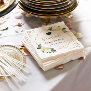 Gold Glitzer Ivory Green Floral Graduation Party Serviette