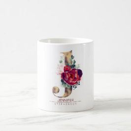 Gold Glitzer J Monogram Floral Burgund Red Kaffeetasse