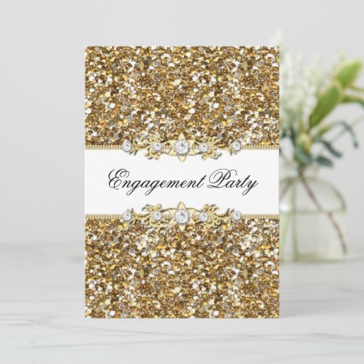 Gold Glitzer & Jewel Engagement Party laden Einladung (Stehend Vorderseite)