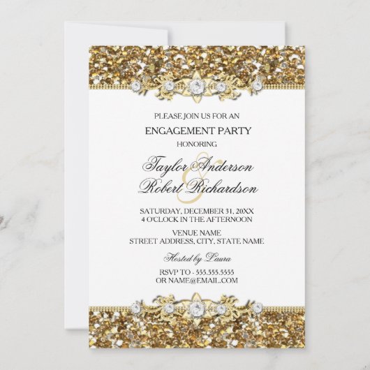 Gold Glitzer & Jewel Engagement Party laden Einladung (Rückseite)