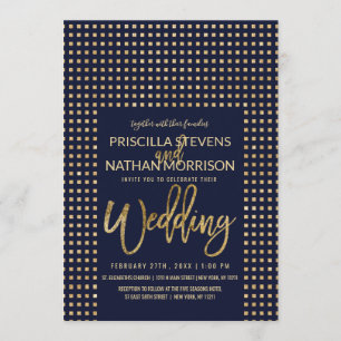 Gold Glitzer Jewels Navy Blue Simple Wedding Einladung
