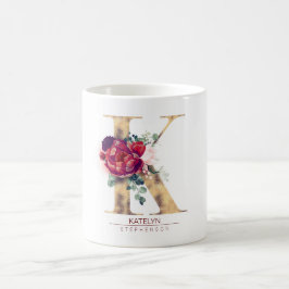Gold Glitzer K Monogram Floral Burgundy Red Kaffeetasse