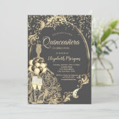 Gold Glitzer Kleid, Balloons Glitzer Quinceanera Einladung (Stehend Vorderseite)