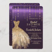 Gold Glitzer Kleid, Confetti Violet Brautparty Einladung (Vorne/Hinten)