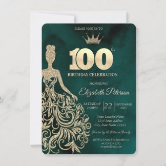 Gold Glitzer Kleid,Diamonds Green 100. Geburtstag Einladung