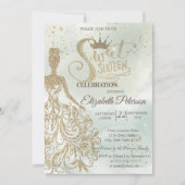 Gold Glitzer Kleid, Tiara, Aquarell Grün Süß 16 Einladung (Vorderseite)