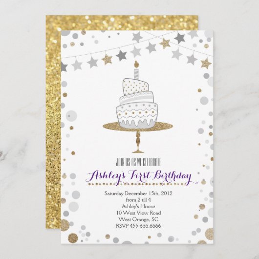 Gold Glitzer Kuchen Geburtstag Einladung (Vorne/Hinten)