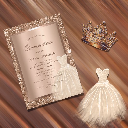 Gold Glitzer Kupfer Metallic Elegant Quinceñera Einladung