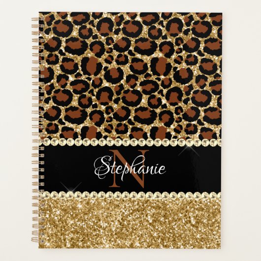 Gold Glitzer Leopard Girly Glam Monogram Planer (Vorderseite)