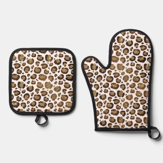 Gold Glitzer Leopard Print Ofenhandschuh & Topflappen-Set (Vorderseite)