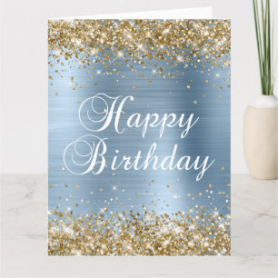 Gold Glitzer Light Blue Foil Big Happy Birthday Karte