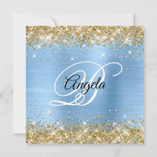 Gold Glitzer Light Blue Shimmer Foil Monogram Einladung (Rückseite)