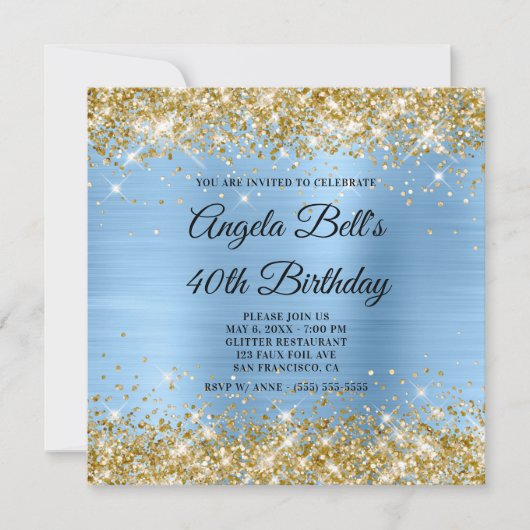 Gold Glitzer Light Blue Shimmer Foil Monogram Einladung (Vorderseite)