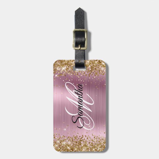 Gold Glitzer Light Pink Foil Extravagant Monogram Gepäckanhänger (Vorderseite vertikal)