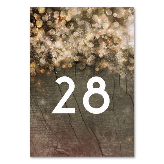 Gold Glitzer Lights Rustic Wood Barn Wedding Tischnummer (Vorderseite)
