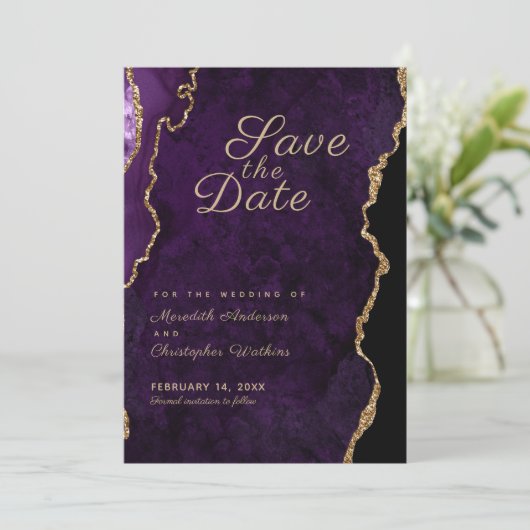 Gold Glitzer Lila Agate Save the Date (Stehend Vorderseite)
