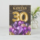 Gold Glitzer Lila Balloons 30. Geburtstag Party Einladung (Stehend Vorderseite)