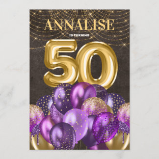 Gold Glitzer Lila Balloons 50. Geburtstagsparty Einladung