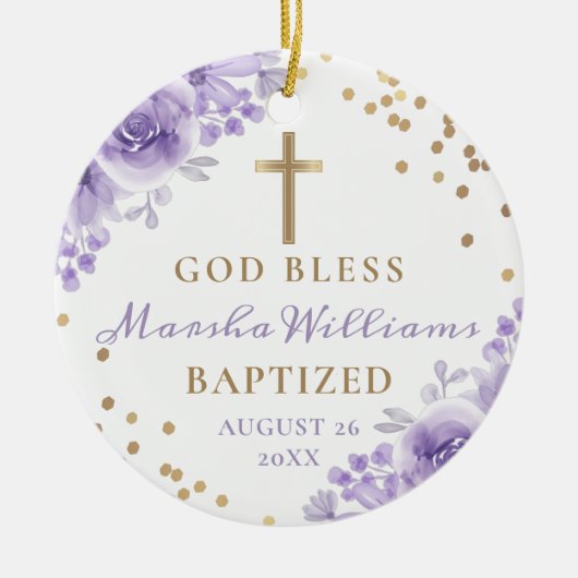 Gold Glitzer Lila Floral Girl Taufe Foto Keramik Ornament (Vorne)