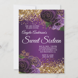 Gold Glitzer Lila Floral Glam 16 . Geburtstag Einladung