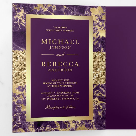 Gold Glitzer Lila Marble Foto Hochzeit Dreifach Gefaltete Einladung (Innen Erste Seite)