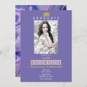 Gold Glitzer Lila Marble Glam Graduation Party   Einladung