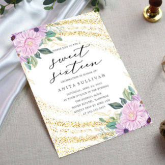 Gold Glitzer Lila Rose 16 . Geburtstag 16 Geburtst Einladung