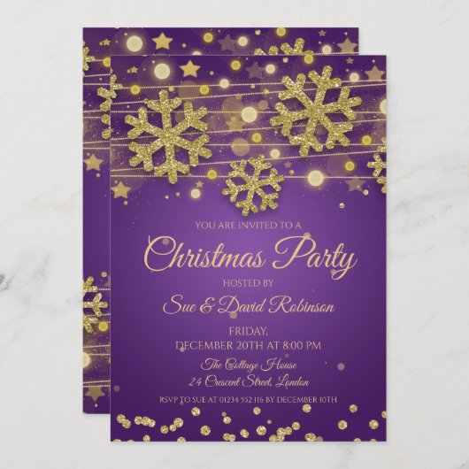 Gold Glitzer Lila Weihnachtsfeier Einladung (Vorne/Hinten)