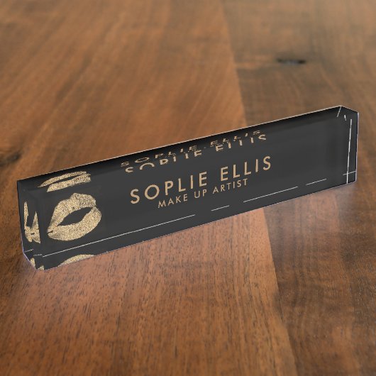 Gold Glitzer Lippen Schwarzen Personalisierungsnam Namensplakette (Seite)