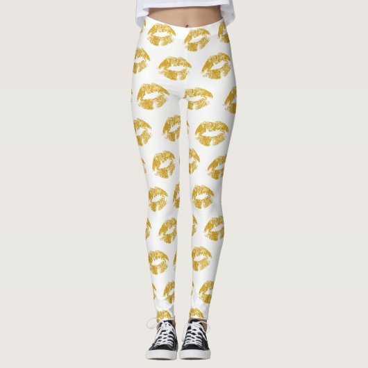 Gold Glitzer Lips Muster Leggings (Vorderseite)
