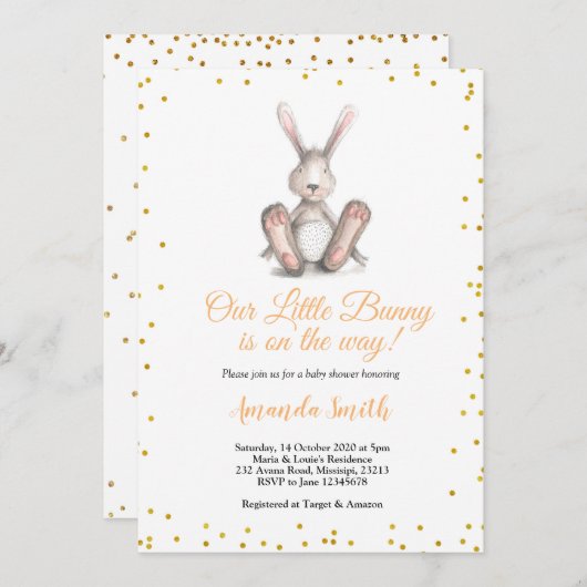 Gold Glitzer Little Bunny Baby Dusche Einladung (Vorne/Hinten)