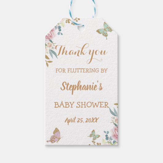 Gold Glitzer Little Butterfly Rose Baby Dusche Geschenkanhänger (Vorderseite)