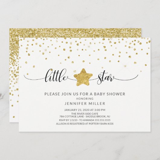 Gold Glitzer Little Star Baby Dusche Einladung (Vorne/Hinten)