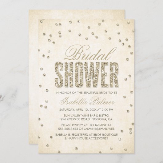 Gold Glitzer Look Confetti Dots Brautparty Einladung (Vorne/Hinten)