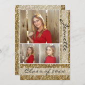 Gold Glitzer Look Drei-Foto-Abschluss Einladung (Vorne/Hinten)