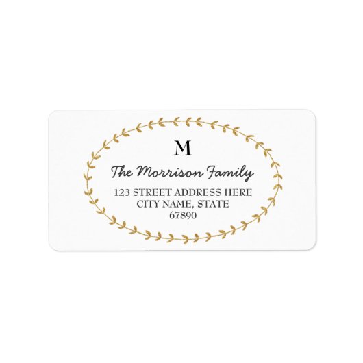 Gold Glitzer Look Laurel Monogram Address Labels Adressaufkleber (Vorne)