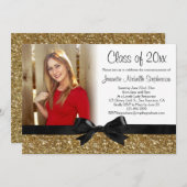 Gold Glitzer-Look Ribbon Bow Foto Abschluss Einladung (Vorne/Hinten)