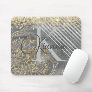 Gold Glitzer Lotus Mandala Monogram Mouse Pad Mousepad
