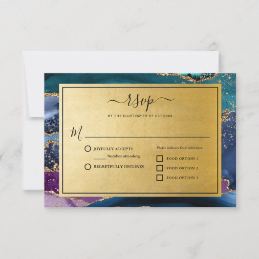 Gold Glitzer Marble Agate Wedding RSVP Karte (Vorderseite)
