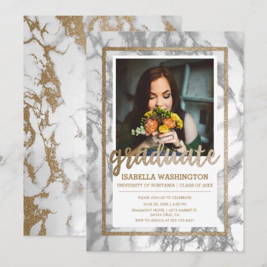 Gold Glitzer Marble Script Foto Graduation Party Einladung (Vorne/Hinten)