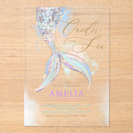 Gold Glitzer Meerjungfrau Schwanz ONEder Sea Gebur Acryleinladungen (Vorderseite)