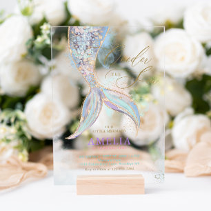 Gold Glitzer Meerjungfrau Schwanz ONEder Sea Gebur Acryleinladungen