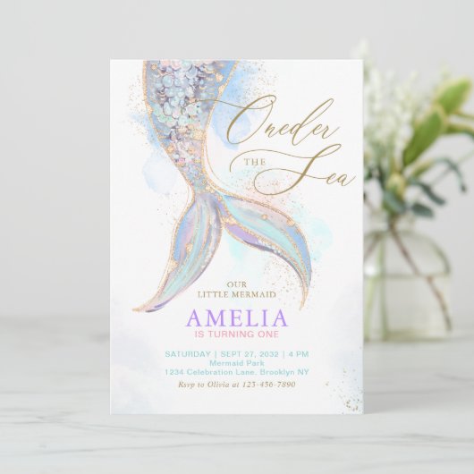 Gold Glitzer Meerjungfrau Schwanz ONEder Sea Gebur Einladung (Stehend Vorderseite)