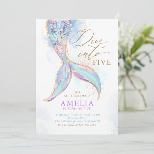 Gold Glitzer Meerjungfrau Schwanz Tauchen in Kinde Einladung (Stehend Vorderseite)