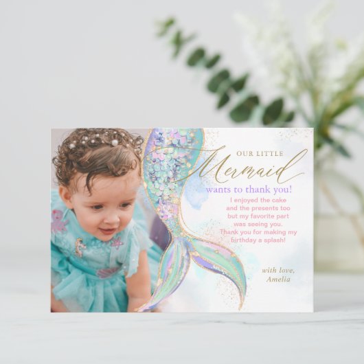 Gold Glitzer Meerjungfrau Schwanz unter dem Foto Dankeskarte (Stehend Vorderseite)