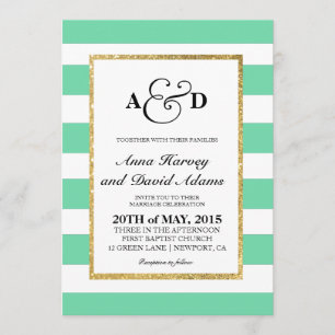 Gold Glitzer Mint Green Stripes Einladung Hochzeit