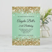 Gold Glitzer Mint Ombre Monogram, 21. Geburtstag Einladung (Stehend Vorderseite)
