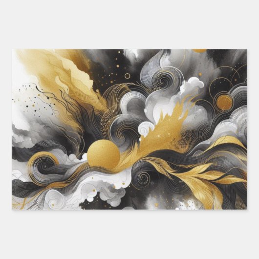 Gold Glitzer mit Abstraktem Schwarz Geschenkpapier Set (Vorderseite)