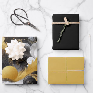 Gold Glitzer mit Abstraktem Schwarz Geschenkpapier Set